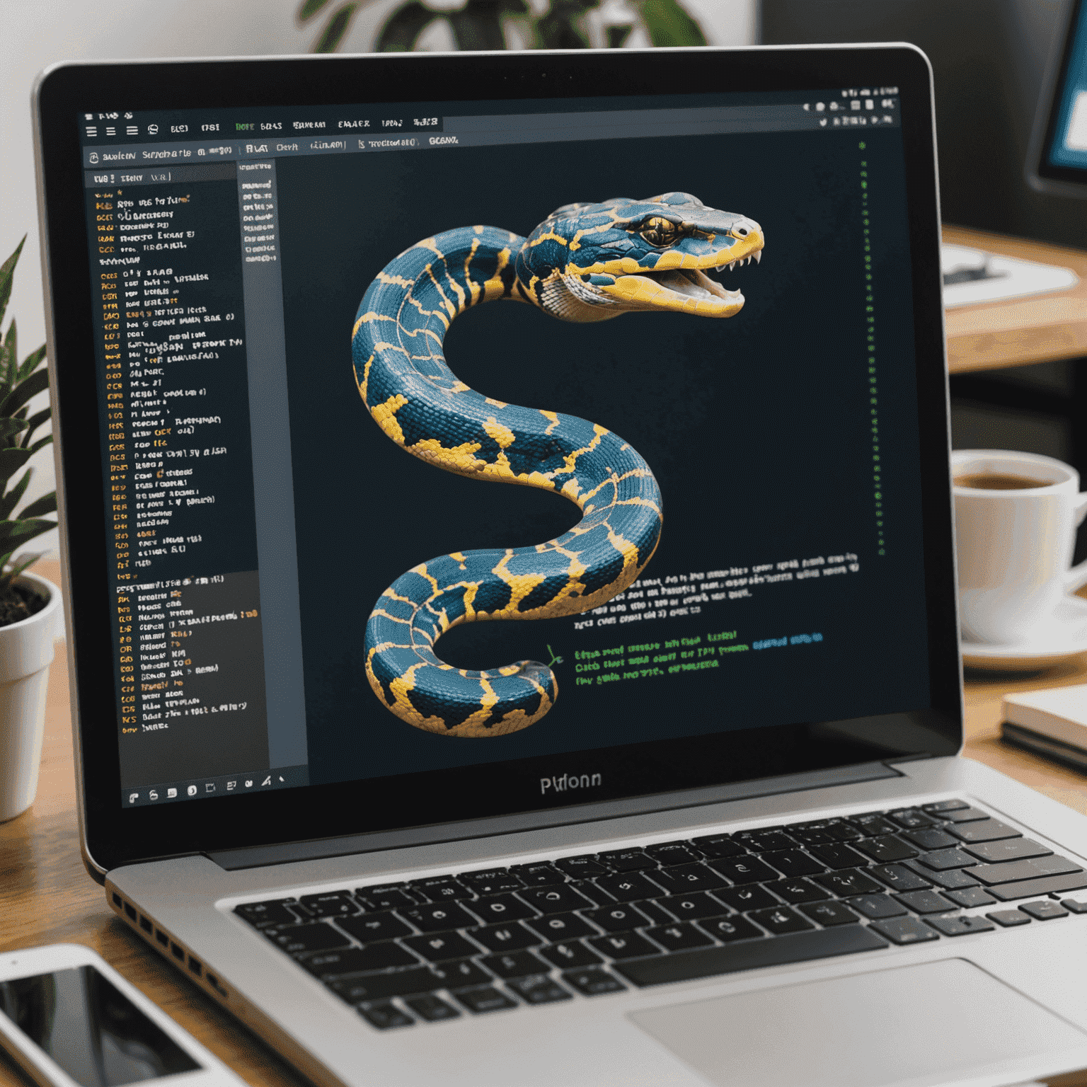 Изображение, показывающее код Python на экране компьютера, с логотипом Python и простыми элементами синтаксиса