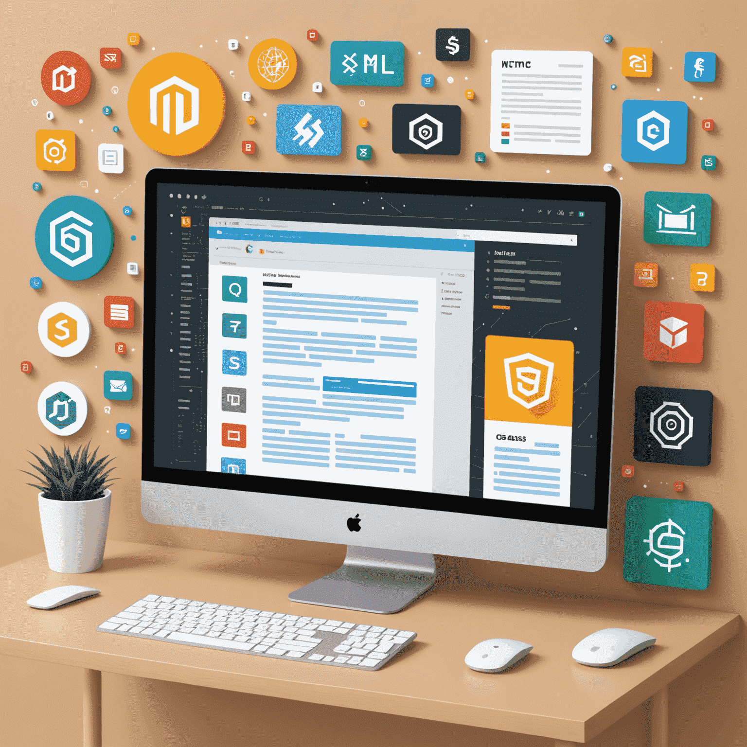 Иллюстрация, показывающая экран компьютера с кодом HTML, CSS и JavaScript, окруженный иконками веб-технологий